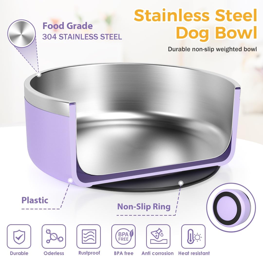 IKITCHEN Dog Bowl for Food and Water, 64 Oz Stainless Steel Pet Feeding Bowl, Durable Non-Skid Insulated Heavy Duty with Rubber Bottom for Medium Large Dogs (64 Ounces/8 Cup, Light Purple) - Pet Explorer