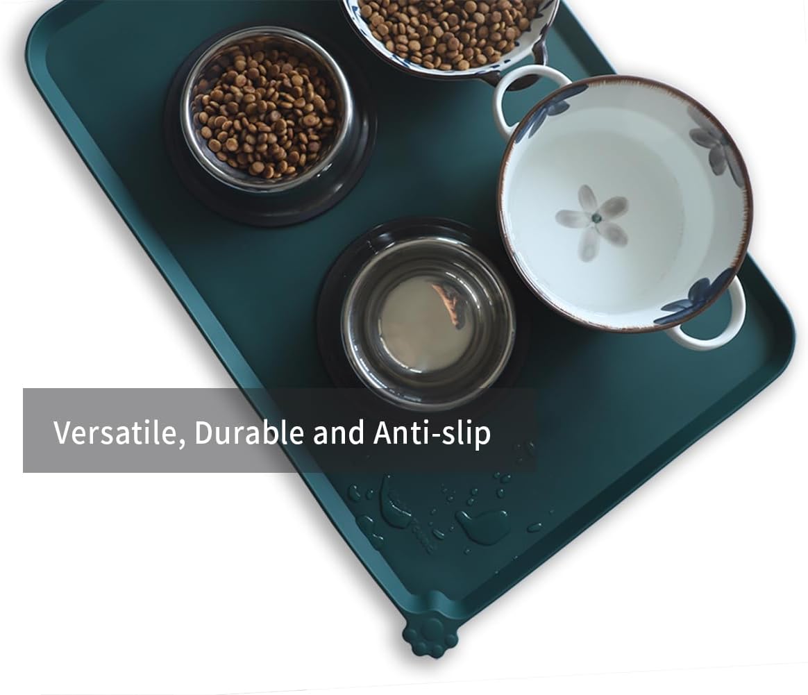 Hoki Found Large Silicone Pet Food Mats - Non Slip Dog Cat Bowl Placemats - Waterproof Dog Cat Food Mats - Dark Cedar - Pet Explorer