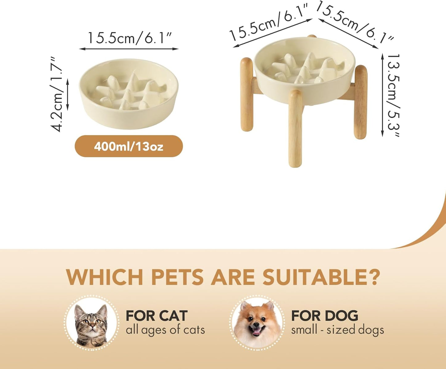 6.1inch Ceramic Dog Raised Slow Feeder Set, Elevated Bowl with Wooden Stand for Small Dog, Pet Slow Feeder Dish for Fast Easters, Preventing Choking (Beige, Single Bowl+ Stand) - Pet Explorer