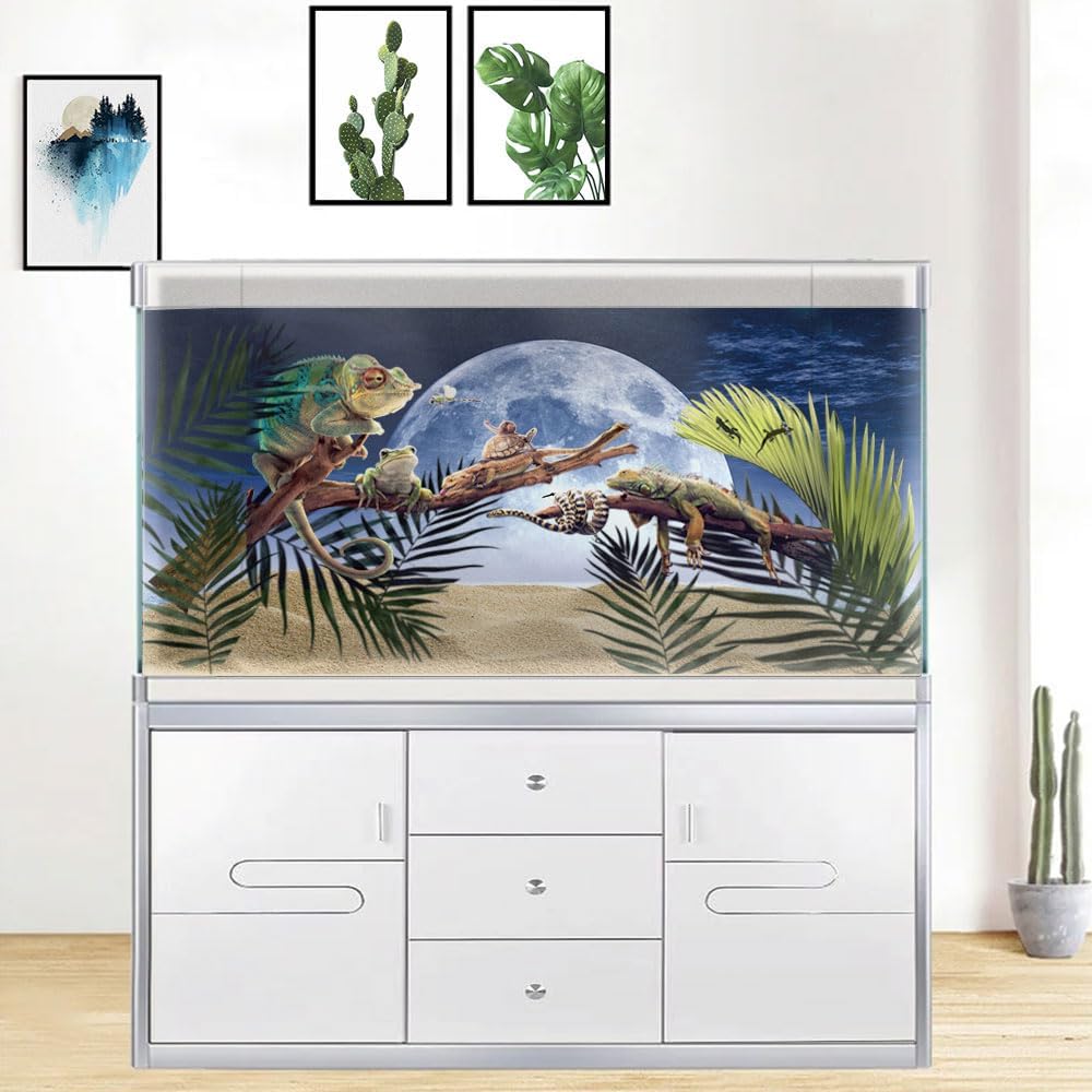 Moon Aquarium Background,Cool Sea Galaxy Parallel Space Themed Fish Tank Background, Cool Terrarium Background 30X18IN with 8 EVA Double-Sided Tape - Pet Explorer