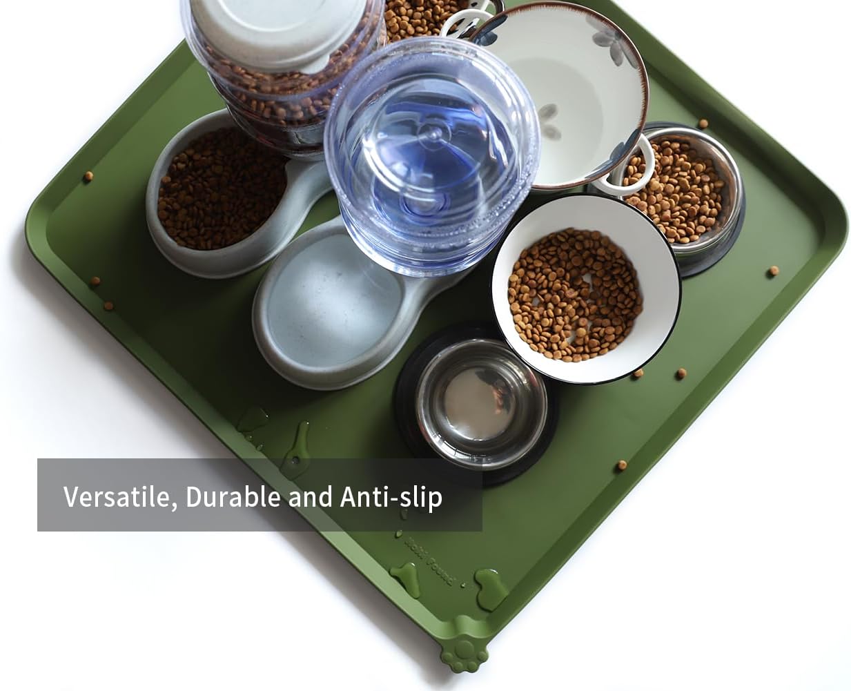 Hoki Found XX-Large Silicone Pet Feeding Mats - Non Slip Cat Dog Bowl Mats - Waterproof for Carpet - Dark Olive - Pet Explorer
