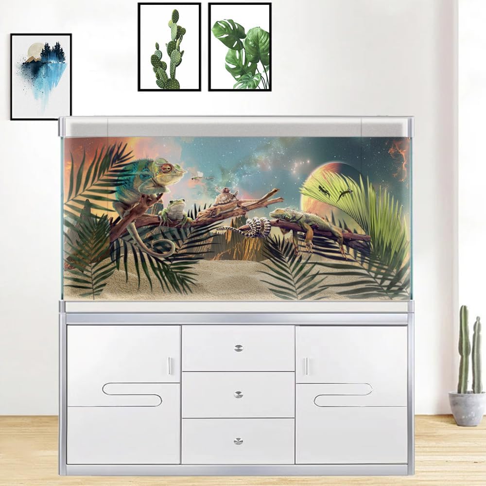 Cosmic Aquarium Background,Cool Galaxy Parallel Space Themed Fish Tank Background, Tropical Desert Terrarium Background 30X12IN with 8 EVA Double-Sided Tape - Pet Explorer