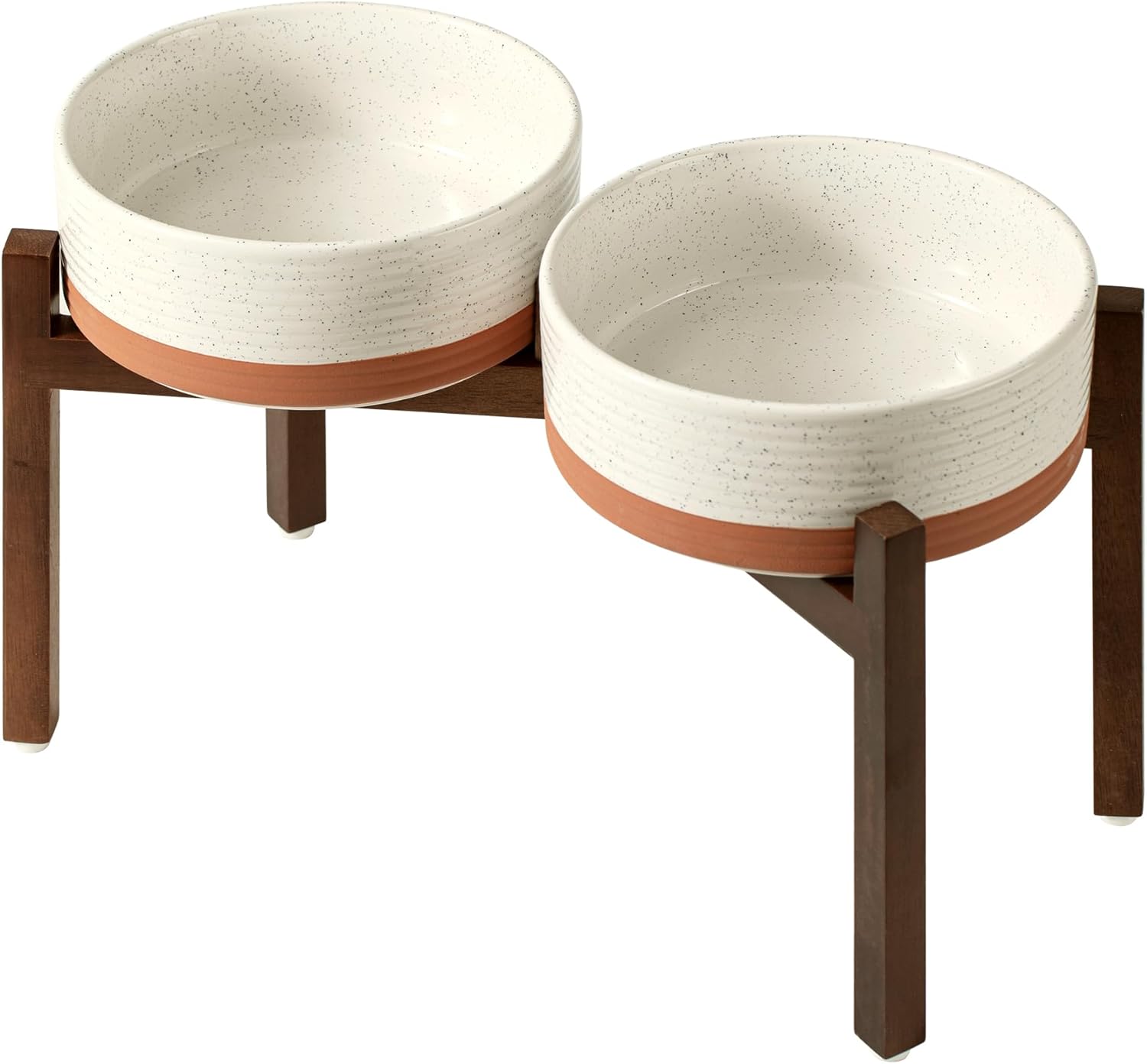 Ceramic 8.2inch Raised Double Dog Bowls Set with Acacia Wood Stand, Food & Water Bowls for Large Breed Dogs, Weighted Pet Dishes(60oz, Vanilla White) - Pet Explorer