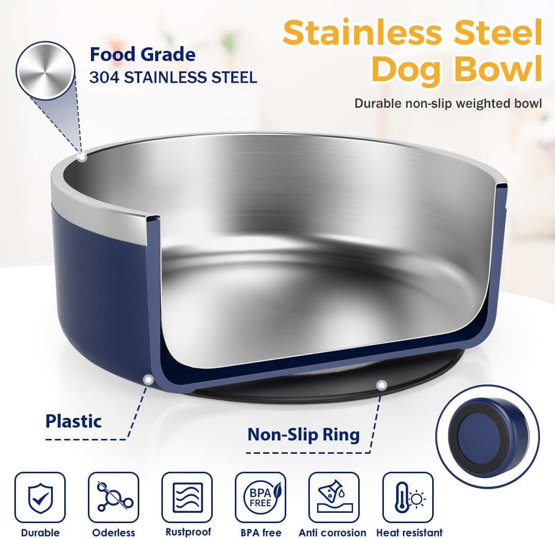 IKITCHEN Dog Bowl for Food and Water, 64 Oz Stainless Steel Pet Feeding Bowl, Durable Non-Skid Double Wall Insulated Heavy Duty with Rubber Bottom for Medium Large Sized Dogs (64 Ounces/8 Cup, Blue) - Pet Explorer