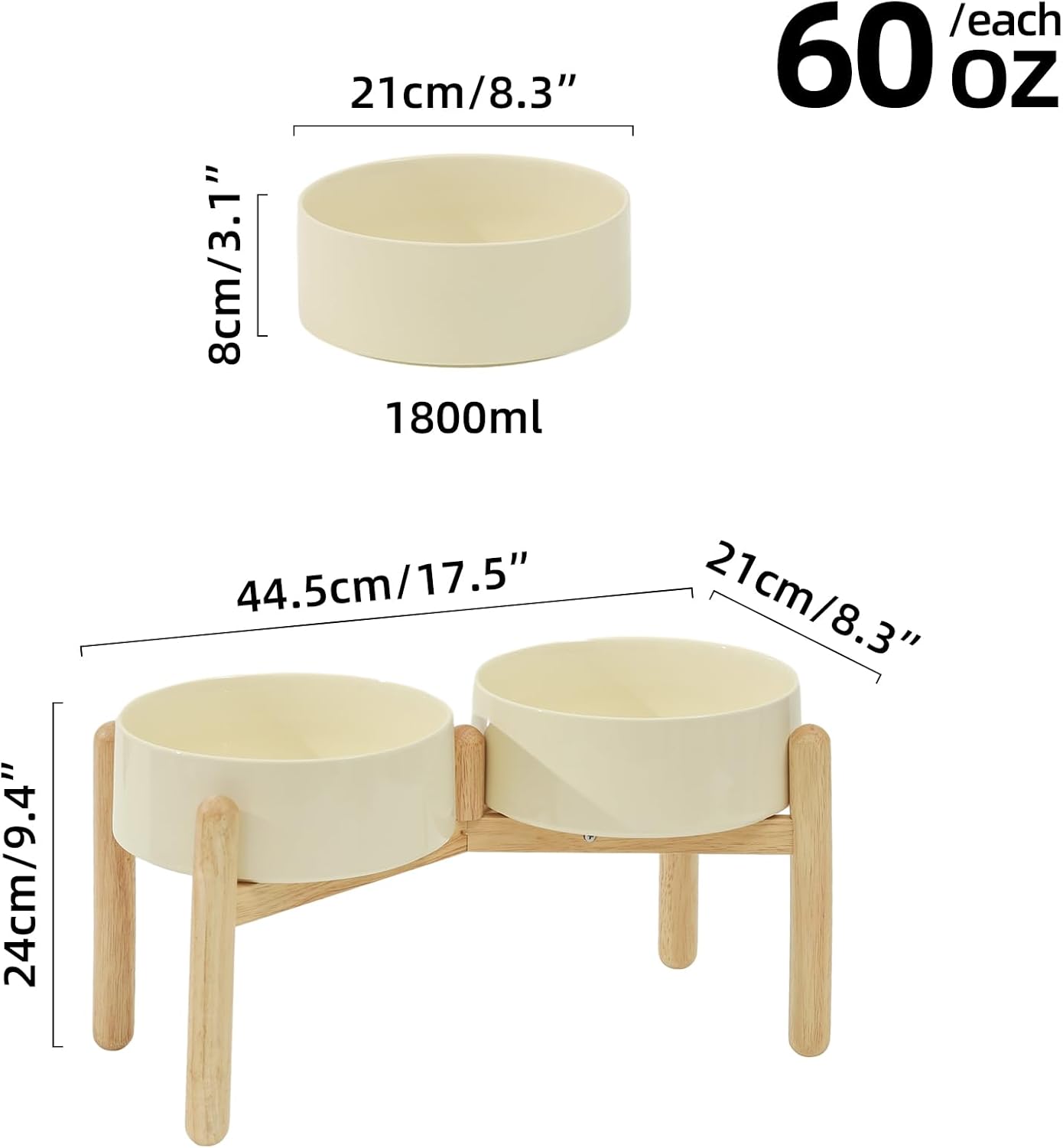 Ceramic 8.2inch Raised Dog Bowl with Stand for Large- Breed Dogs, Pet Food and Water Feeder (Double Bowl with Stand - Beige) - Pet Explorer