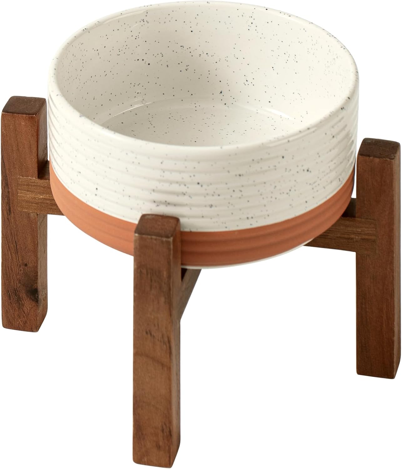 Ceramic 6.1inch Raised Dog and Cat Bowl Set, 2 Heights Elevated Wooden Stand for Small Breed Dogs, Weighted Pet Food and Water Dishes(6.1'',28.7oz, Vanilla White) - Pet Explorer