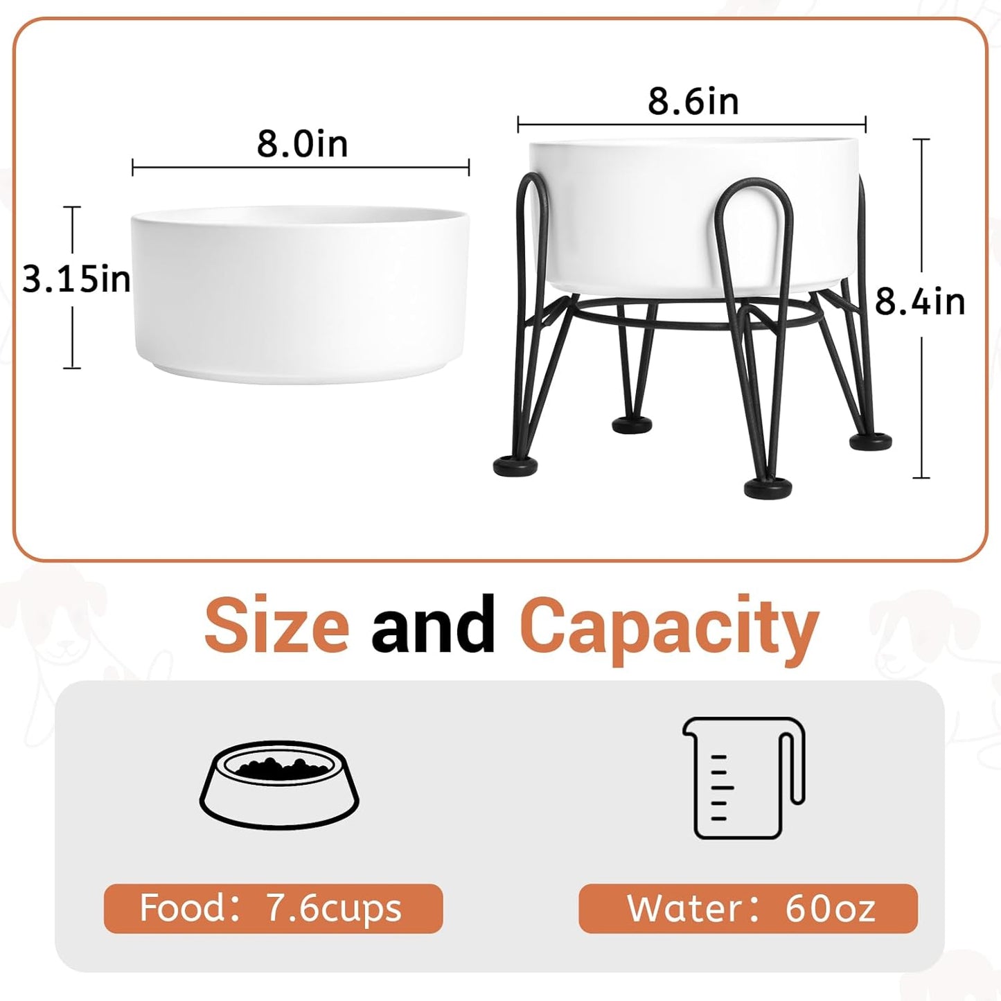Elevated Dog Bowls, Ceramic Raised Dog Bowl Set with Anti-Slip and Non-Tip Metal Stand, 2 Pack Pet Food and Water Feeding Bowls for Small and Medium Dogs (White,7.6 Cups) - Pet Explorer