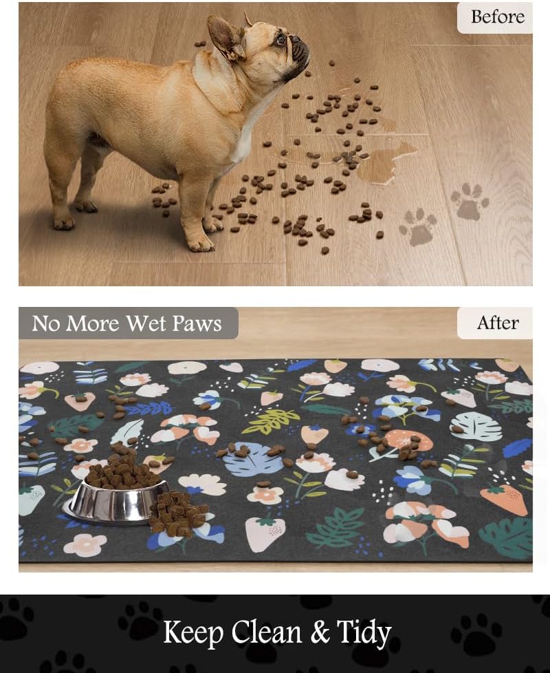 Pet Feeding Mat-Absorbent Dog Mat for Food and Water Bowl-No Stains Quick Dry Water Dispenser Mat-Dog Accessories Pet Supplies-Bowl for Messy Drinkers（DARKFLOWERS,17"x34" - Pet Explorer