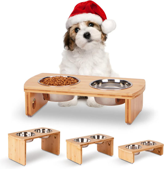 Elevated Dog Bowls, Bamboo Raised Dog Bowl for Small Dogs & Cats, with 2 Stainless Steel Bowls (4'' Tall-20oz Bowl, Natural) - Pet Explorer
