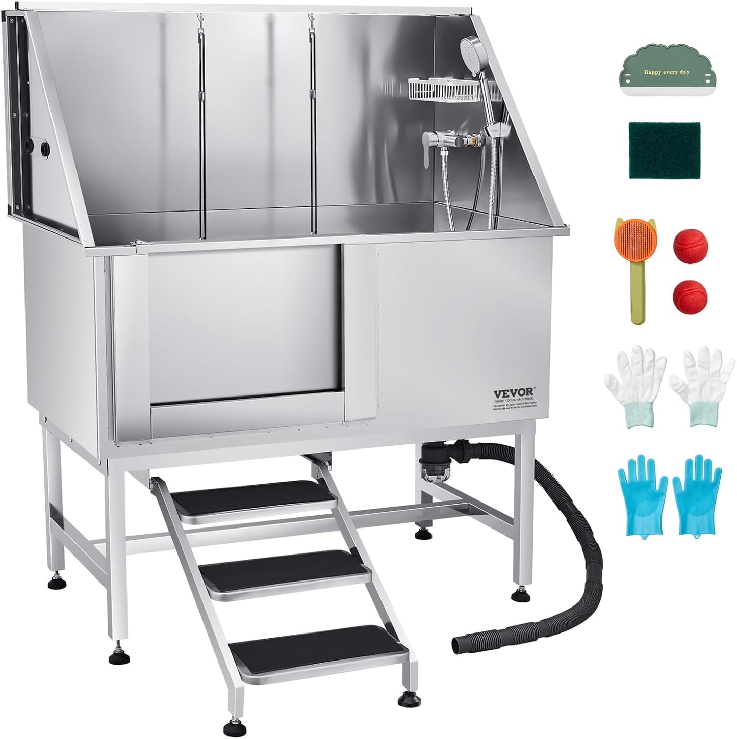 VEVOR Stainless Steel Dog Washing Station, Professional 50 inch Pet Grooming Tub w/Stairs, PE Water Filter Board, Faucet & Showerhead & Soap Holder Bathtub for Large & Medium & Small Pets (Left Door) - Pet Explorer