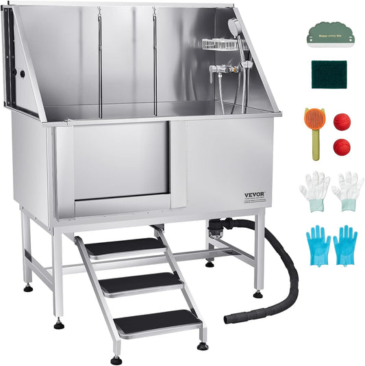 VEVOR Stainless Steel Dog Washing Station, Professional 50 inch Pet Grooming Tub w/Stairs, PE Water Filter Board, Faucet & Showerhead & Soap Holder Bathtub for Large & Medium & Small Pets (Left Door) - Pet Explorer