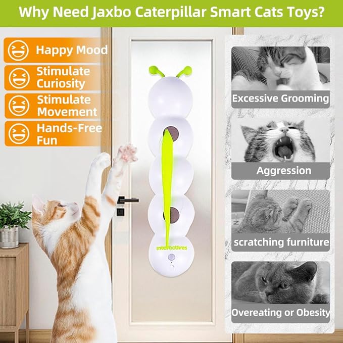Caterpillar Smart Cats Toys, Interactive Cat Feather Toy with Motion Sensor, Whirlie Cat Toy for Hunting, Reduce Boredom, USB Rechargeable, No Drilling Required, Mount on Wall & Window