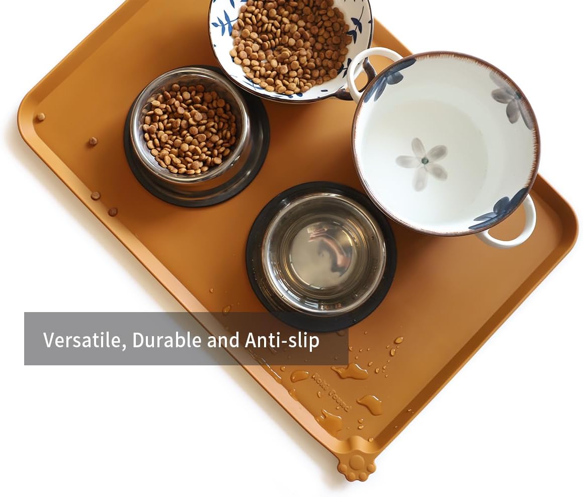 Hoki Found Large Silicone Pet Food Mats Tray - Non Slip Pet Dog Cat Bowl Placemats - Dog Cat Feeding Mat - Waterproof - Butterscotch - Pet Explorer