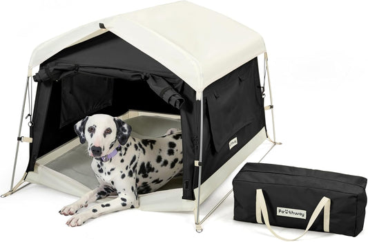 Dog Tent Cotton Fabric, Aluminum Poles and Camping Mat, Outdoor Weatherproof, Dog House Outdoor, Breathable with 2 Side Windows, Portable and Collapsible (Black, Large) - Pet Explorer