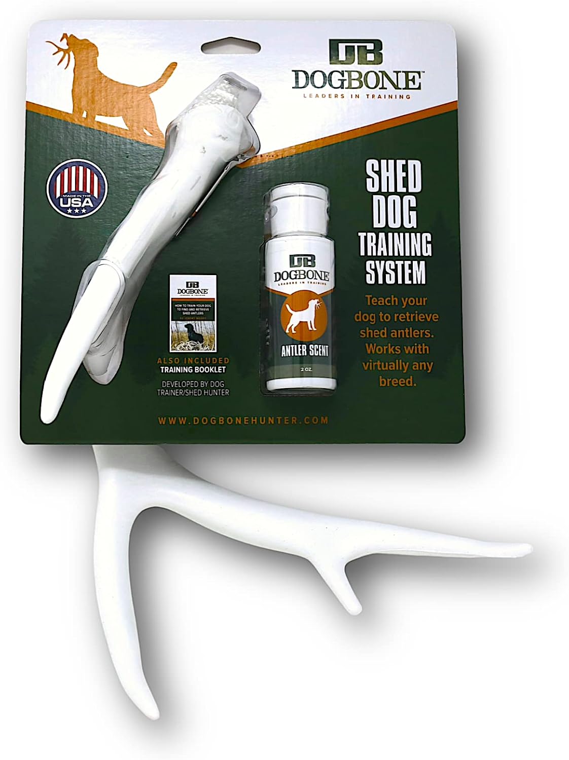 DogBone Shed Hunting Dog Training Kit – Train Your Puppy to Find Deer Antlers - Includes 2 oz Scent for Nosework & Flexible Floating Dummy for Retrieving - Perfect for Whitetail Hunters - Pet Explorer