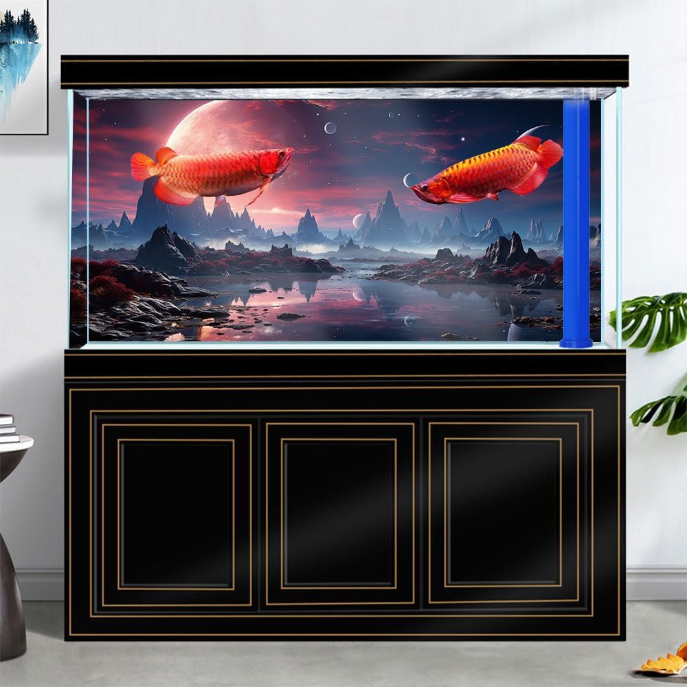 48X18IN Cosmic Spaceterrarium Background, Cool Parallel Space Themed Aquarium Reptile Habitat Background, Red Moon Aquarium Background with 10EVA Double-Sided Tape - Pet Explorer