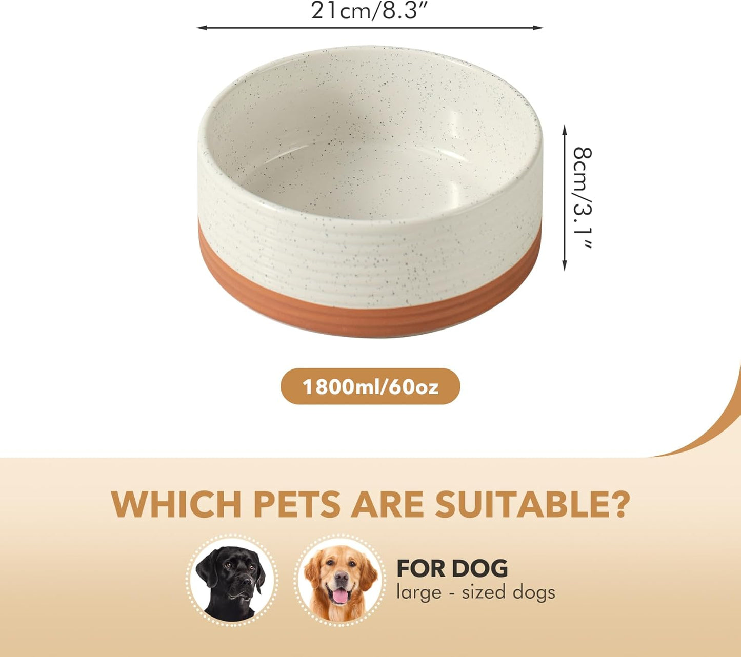 Ceramic 8.2inch Dog Bowl for Large Breed Dogs, Anti-Slip and Weighted Pet Food and Water Dishes(Single Bowl, Vanilla White) - Pet Explorer