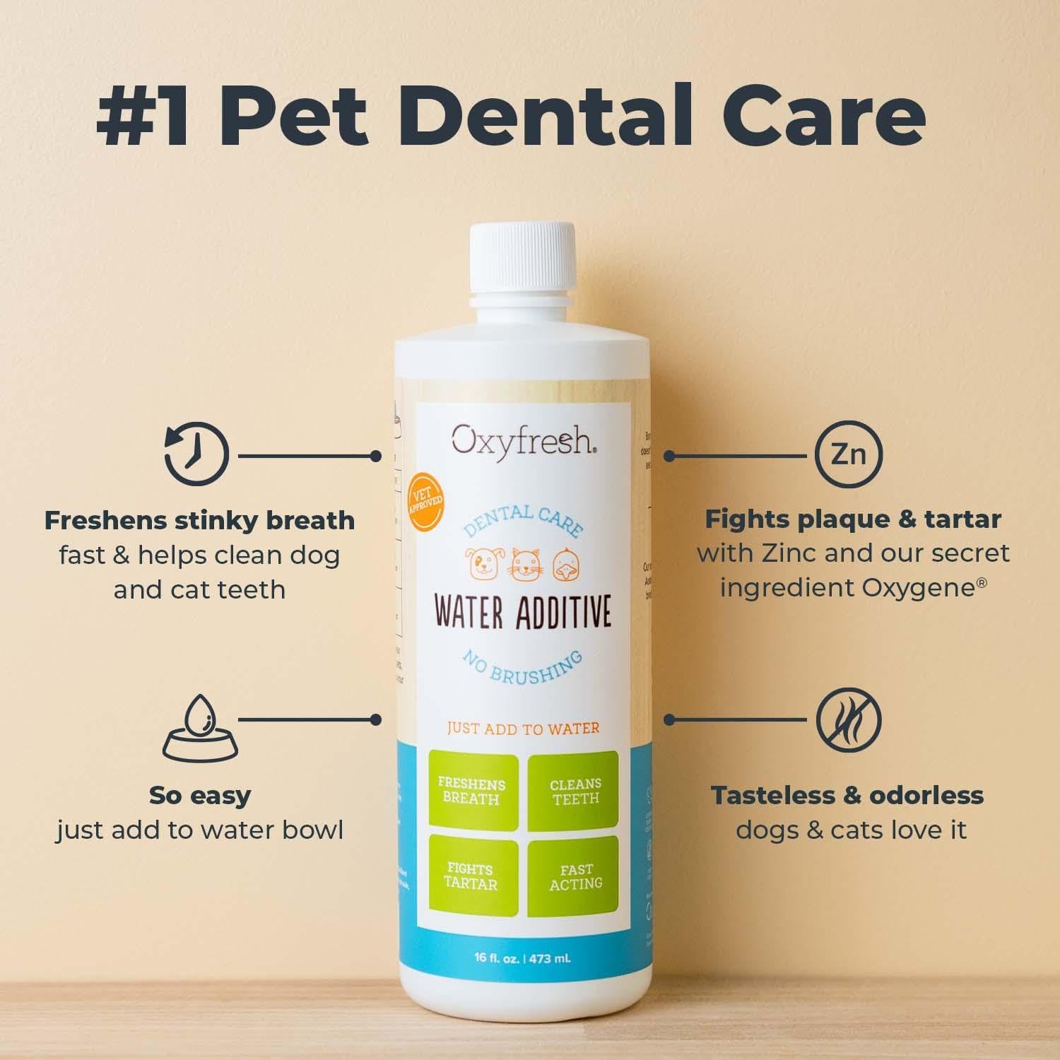 Oxyfresh Premium Pet Dental Care Solution Pet Water Additive: Best Way to Eliminate Bad Dog Breath and Cat Bad Breath - Fights Tartar & Plaque - So Easy, Just Add to Water! Vet Recommended 16 oz. - Pet Explorer