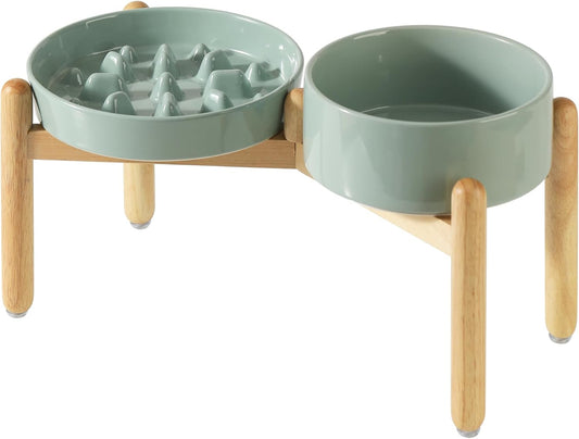 Ceramic Raised Slow Feeder Dog Bowl Set, Elevated 8.2inch Bowl and 9.5inch Slow Pet Food Dish with Wooden Stand for Large Dog (2 x Light Green+ Stand) - Pet Explorer