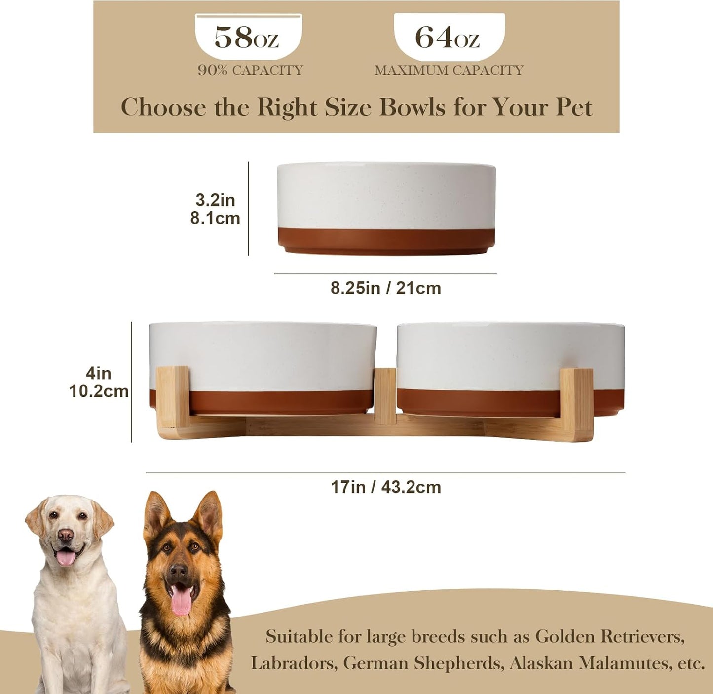 MALACASA Dog Bowls, Ceramic Dogs Bowls with Wood Stand Non-Slip, 6 Cups or 58 oz Capacity Dog Water Food Bowl Glaze Matte Weighted Non-Slip Pet Bowl for Large Dogs (L-6 Cups) - Pet Explorer