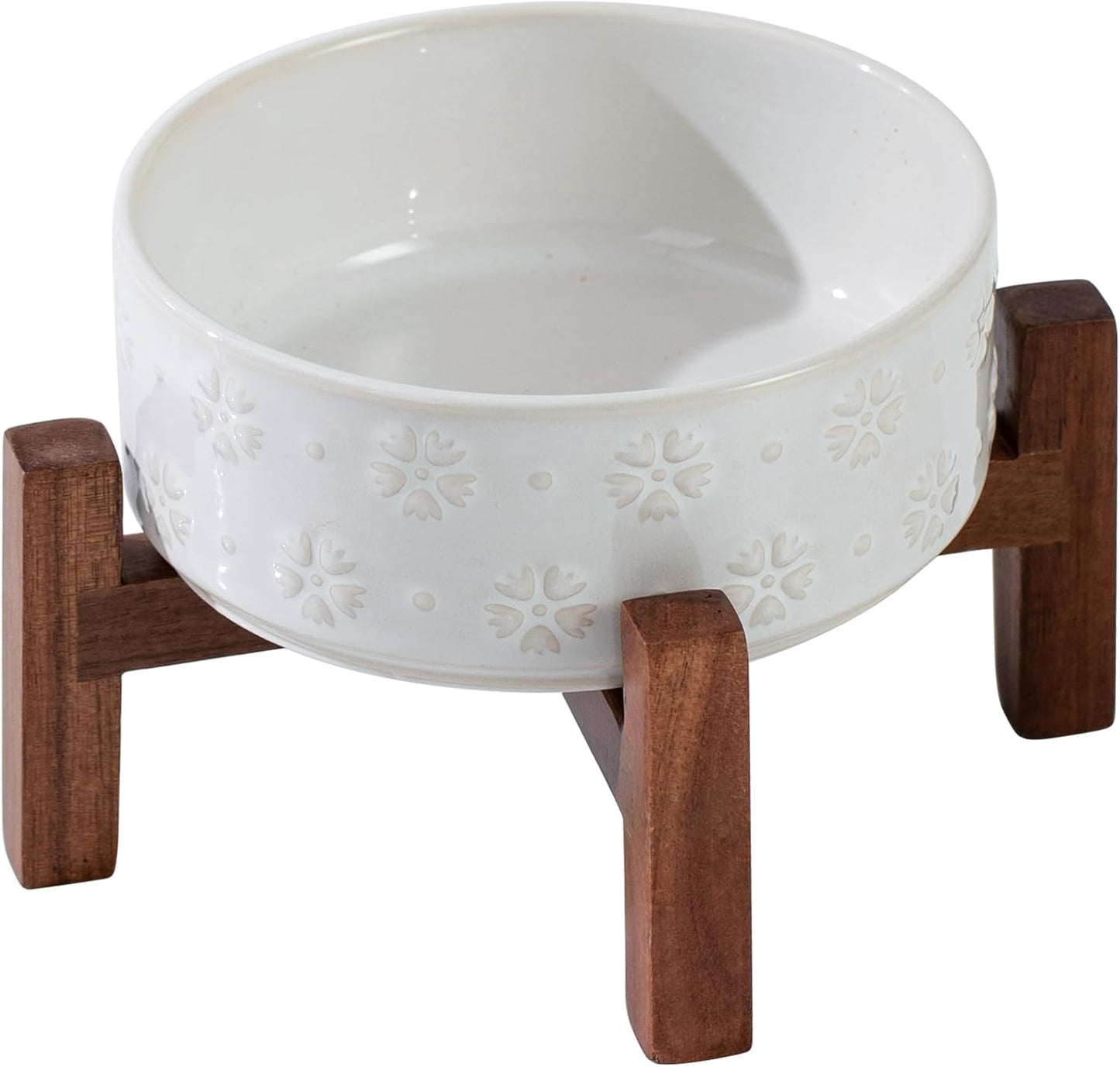 Ceramic 5.1inch Raised Dog and Cat Bowl Set, 2 Heights Elevated Wooden Stand for Puppy, Kitty, Cats, Weighted Pet Food and Water Dishes(5.1'',13.5oz, Arctic White) - Pet Explorer