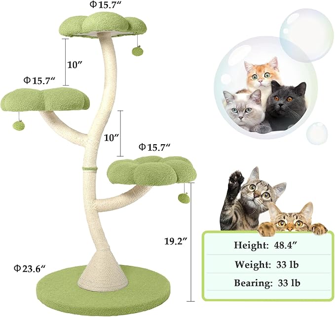 FKWin 48" Tall Cat Tree,Flower Shape Design,Scratching Post Condo,Multi-Level Furniture Activity Center,Kittens Pet House Play with Hang Ball,Plush Cat Tower for Large Cats (Green-3 Tiers)
