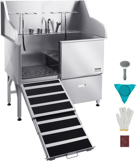 VEVOR Professional 304 Stainless Steel Dog Bathing Station, 50 inch Pet Grooming Tub w/Anti-Slip ramp, Storage Drawer, Cold Hot Faucet Showerhead, for Large & Medium & Small (Left Door, with Drawer) - Pet Explorer