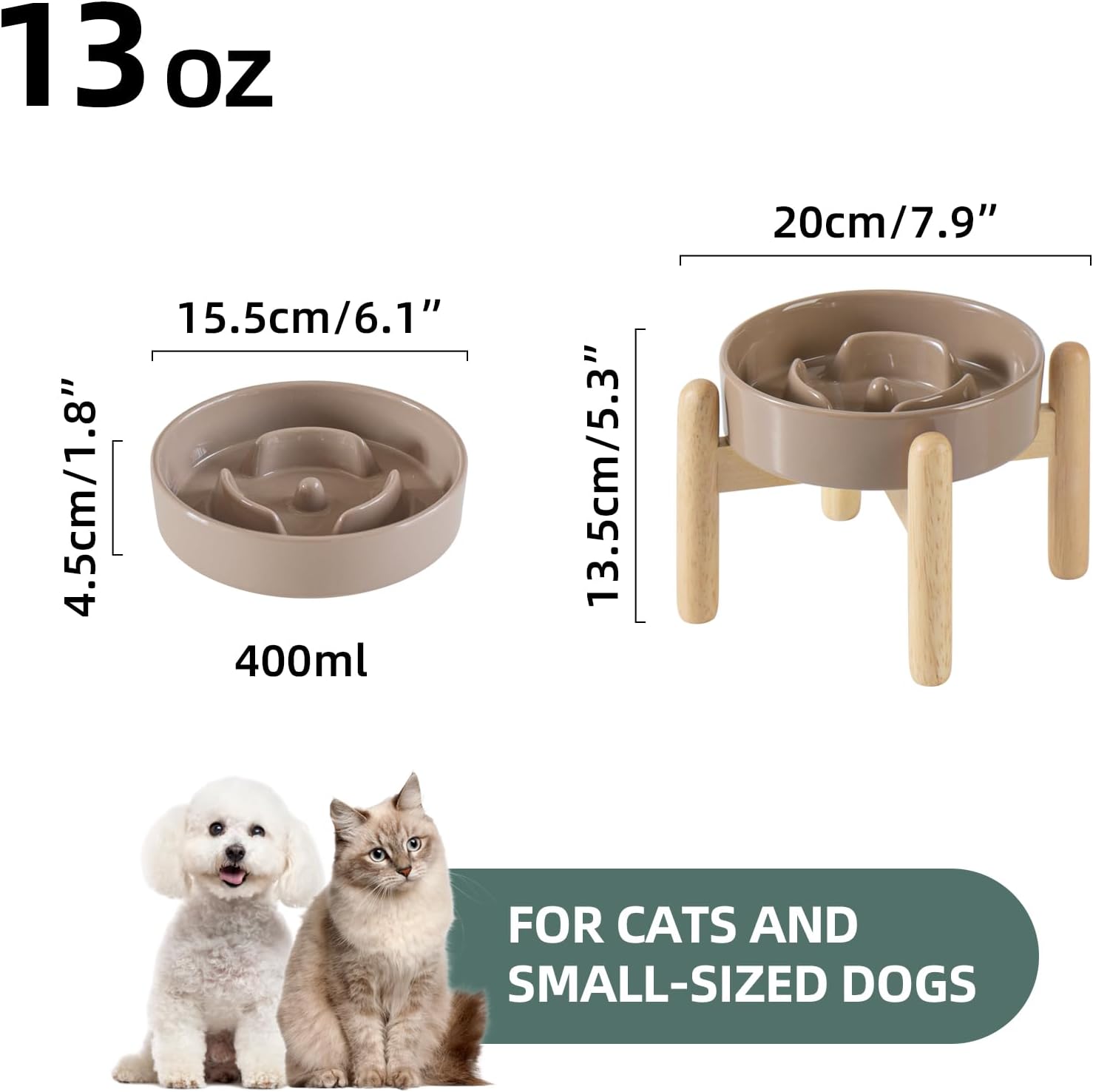 6.1inch Ceramic Raised Slow Feeder Set, Elevated Bowl with Wooden Stand for Small Dog and Cat, Puzzle Slow Dog Food Dish, Preventing Choking(Brown Coffee, Single Bowl+ Stand) - Pet Explorer