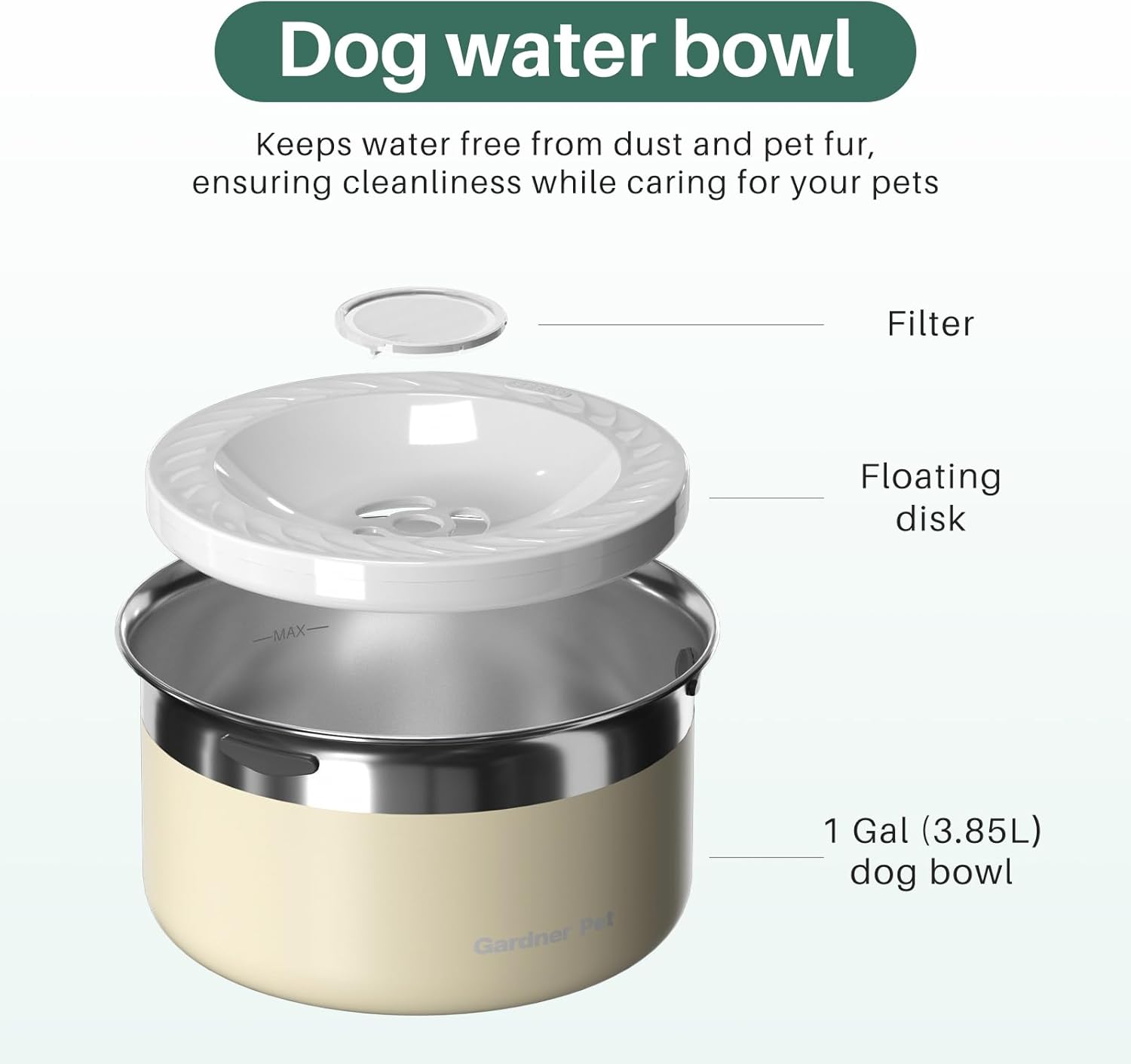 Gardner Pet Dog Bowls 1 Gallon (3.85L) Stainless Steel No Spill Water Bowl, Slow Water Feeder Metal Dog Bowls, Spill Proof Water Dispenser for Large Dogs, Promotes Healthy Hydration(White) - Pet Explorer