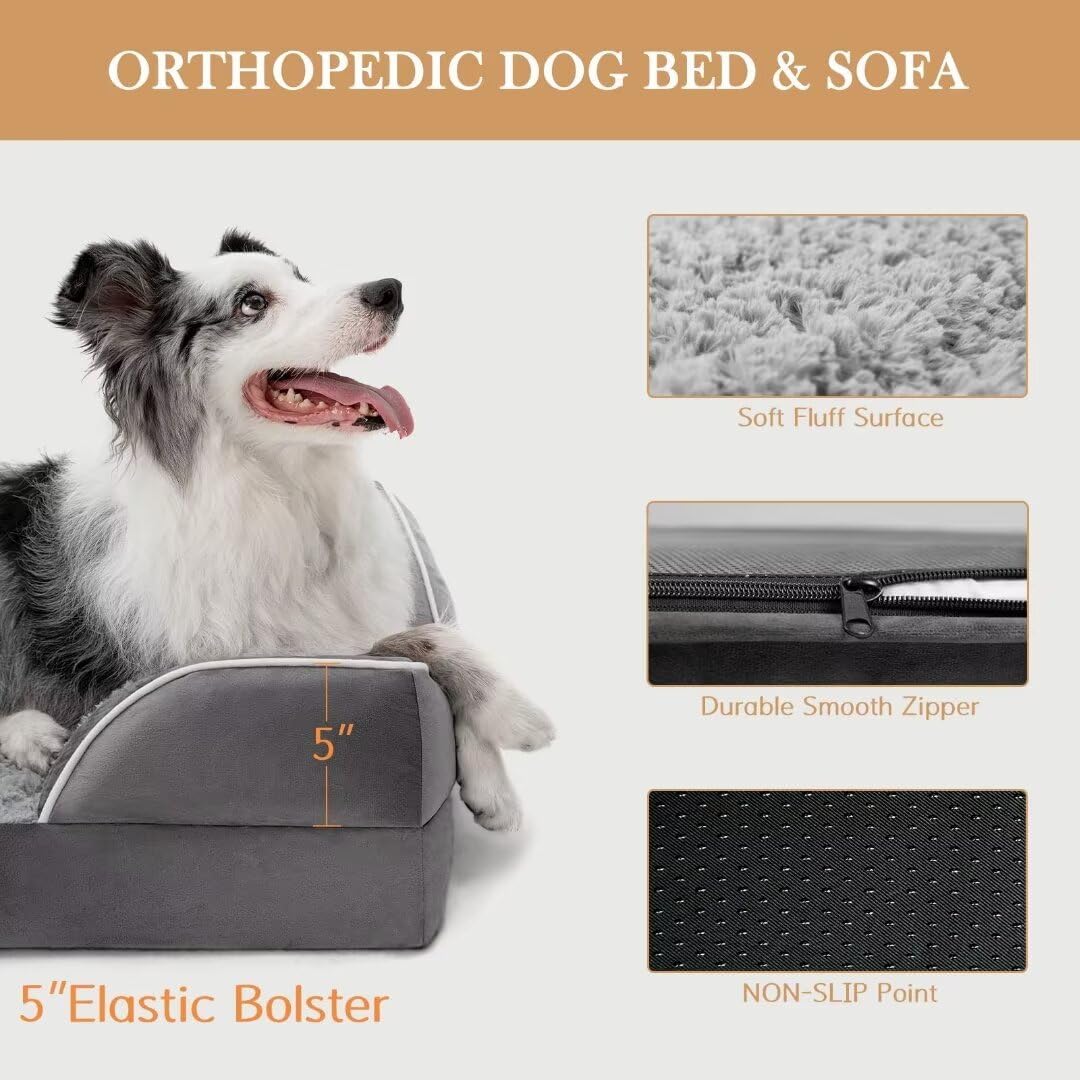 Comfort Expression Orthopedic Waterproof Dog Beds Memory Foam, XL Washable Dog Beds with Removable Cover, Large Pet Sofa Couch with Bolster(X-Large,Silver Grey) - Pet Explorer