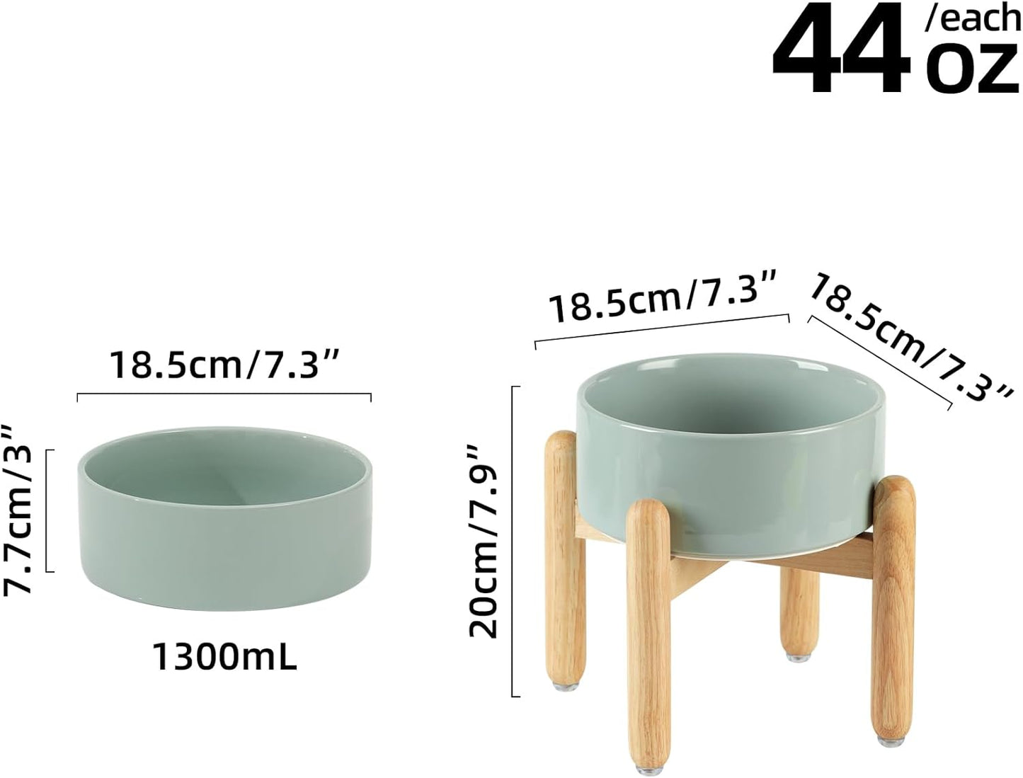 Ceramic 7.3inch Raised Dog Bowl Set, Elevated with Wooden Stand, Food and Water Bowl for Medium Breed Dogs, Weighted Dog Dishes, Pet Feeder(Light Green) - Pet Explorer