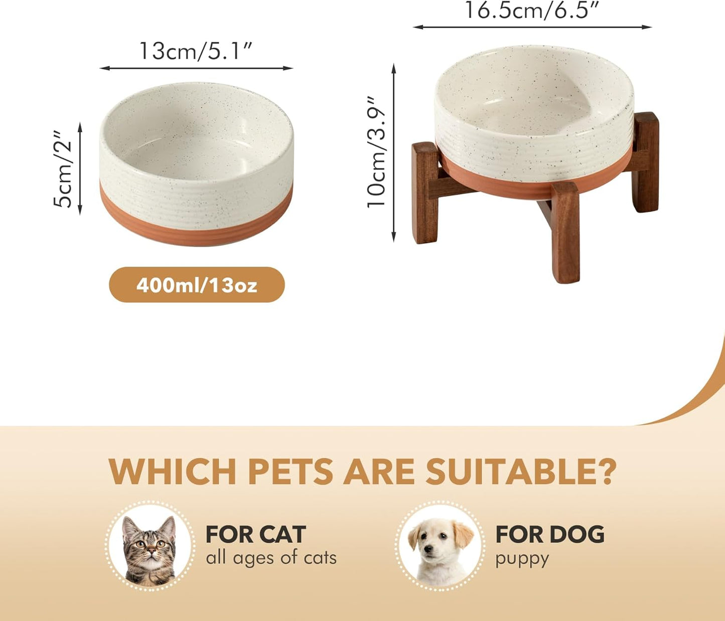 Ceramic 5.1inch Raised Dog and Cat Bowl Set, 2 Heights Elevated Wooden Stand for Puppy, Kitty, Cats, Weighted Pet Food and Water Dishes(5.1'',13.5oz, Vanilla White) - Pet Explorer