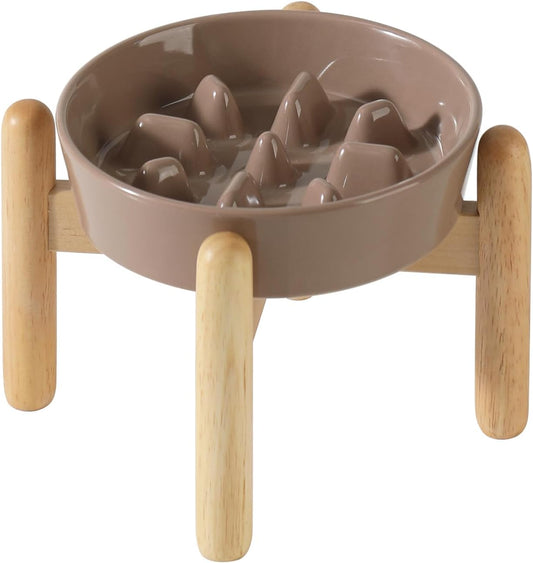 6.1inch Ceramic Dog Raised Slow Feeder Set, Elevated Bowl with Wooden Stand for Small Dog, Pet Slow Feeder Dish for Fast Easters, Anti-Gulping (Brown Coffee, Single Bowl+ Stand) - Pet Explorer