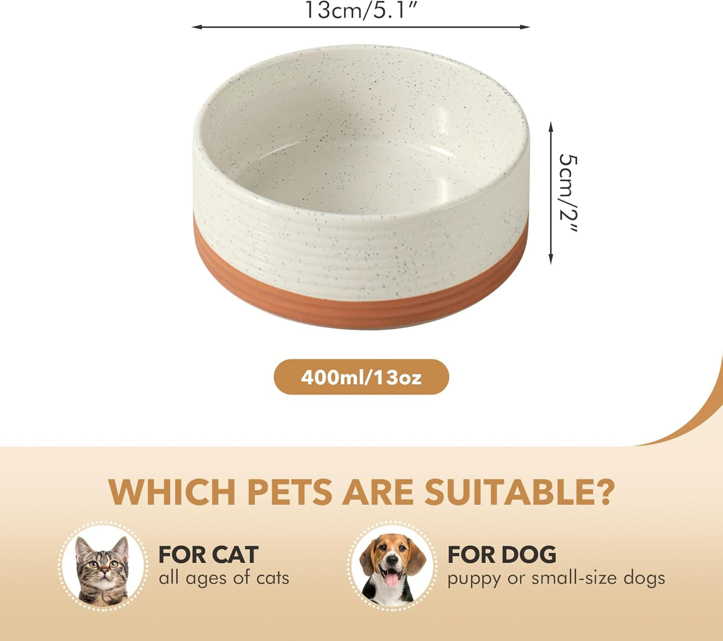 Ceramic 5.1inch Set of 2 Dog and Cat Bowls for Puppy, Kitty, Cats, 2pcs Anti-Slip Food and Water Pet Feeder(2 Bowls, Vanilla White) - Pet Explorer