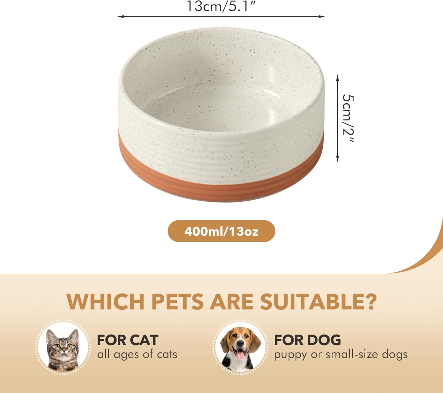 Ceramic 5.1inch Set of 2 Dog and Cat Bowls for Puppy, Kitty, Cats, 2pcs Anti-Slip Food and Water Pet Feeder(2 Bowls, Vanilla White) - Pet Explorer