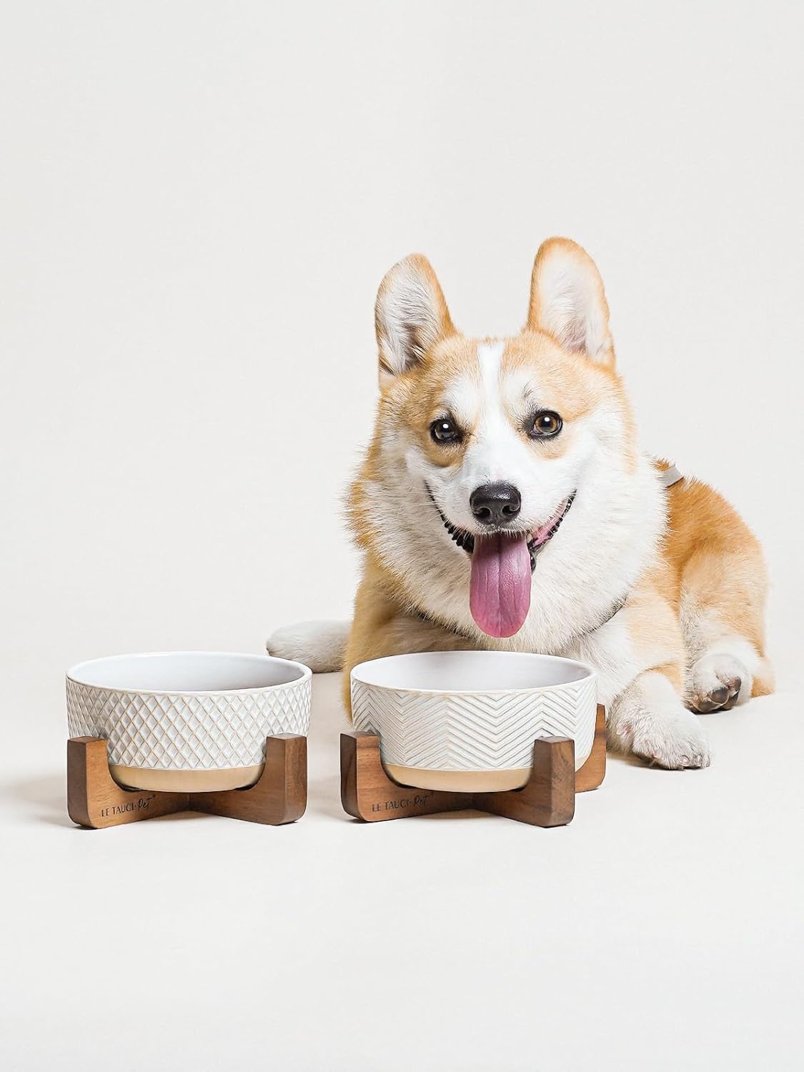 Ceramic Dog Bowl Set, 4 Cups Food and Water Bowl for Medium Small Dogs, Cute Pet Dishes with Wood Stand, Rhombus+Wave Design (Set of 2) - Pet Explorer