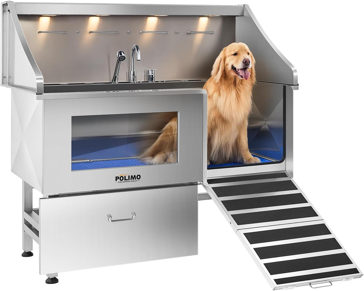 POLIMO Dog Washing Station, LED Professional Stainless Steel Dog Bathing Station 61", Dog Grooming Tub for Large, Medium & Small Dog - with Window, Ramp, Drawer, Floor Grate & Faucet (Right RAMP, 61") - Pet Explorer