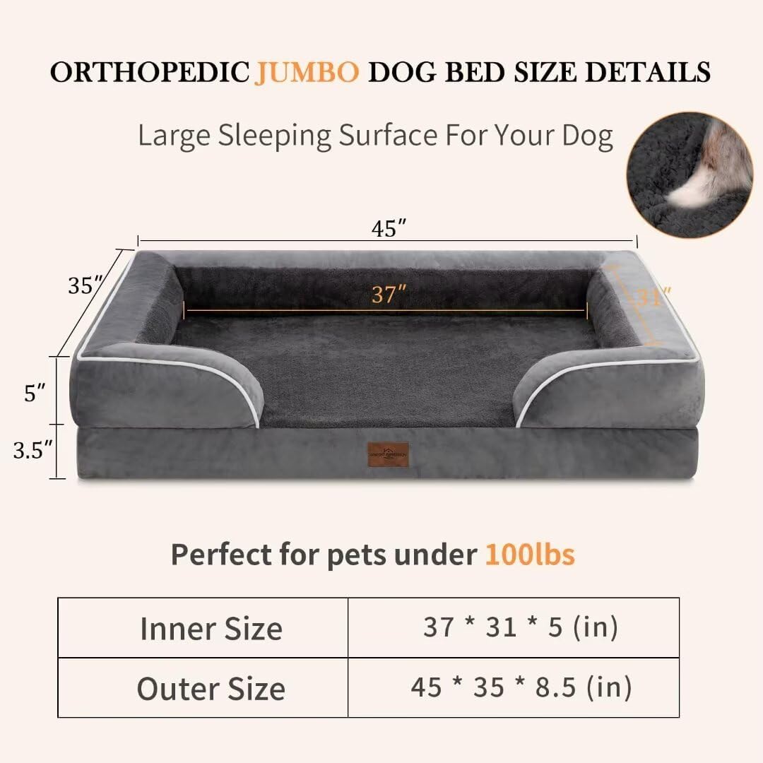 Comfort Expression Cooling Dog Bed, Jumbo Dog Bed for Extra Large Dogs, Memory Foam Orthopedic Bed, Large Breed Dogs, Waterproof Beds with Bolster & Removable Cover(Jumbo,Leaden Grey) - Pet Explorer