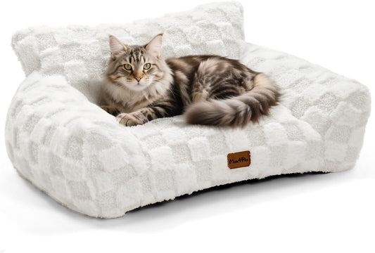 Made4Pets Cat Couch Bed, Soft Faux Fur Checkered Pet Sofa, Calming Fluffy Cat Sofa with Supportive Foam, Removable Washable Cover with Non-Slip Base, White, Small - Pet Explorer