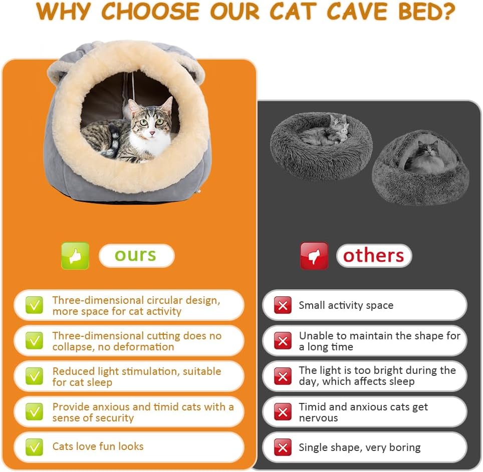 Cat Beds for Indoor Cats - Rabbit-Shaped Cat Cave Bed with Hanging Toy,Super Soft Calming Pet Bed for Kitten&Puppy,Small Dog,Warm Plush&Machine Washable&Removable Cotton Pad,Cat Hideaway(Grey L) - Pet Explorer