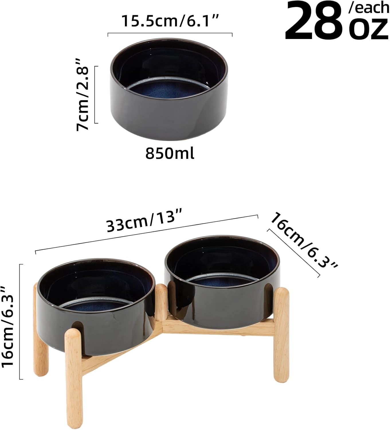 Ceramic 6.1inch Raised Dog Bowl with Stand for Small and Medium Breed Dog Dish Pet Food and Water Bowl (Double Bowl with Stand - Starry Sky, 28oz) - Pet Explorer