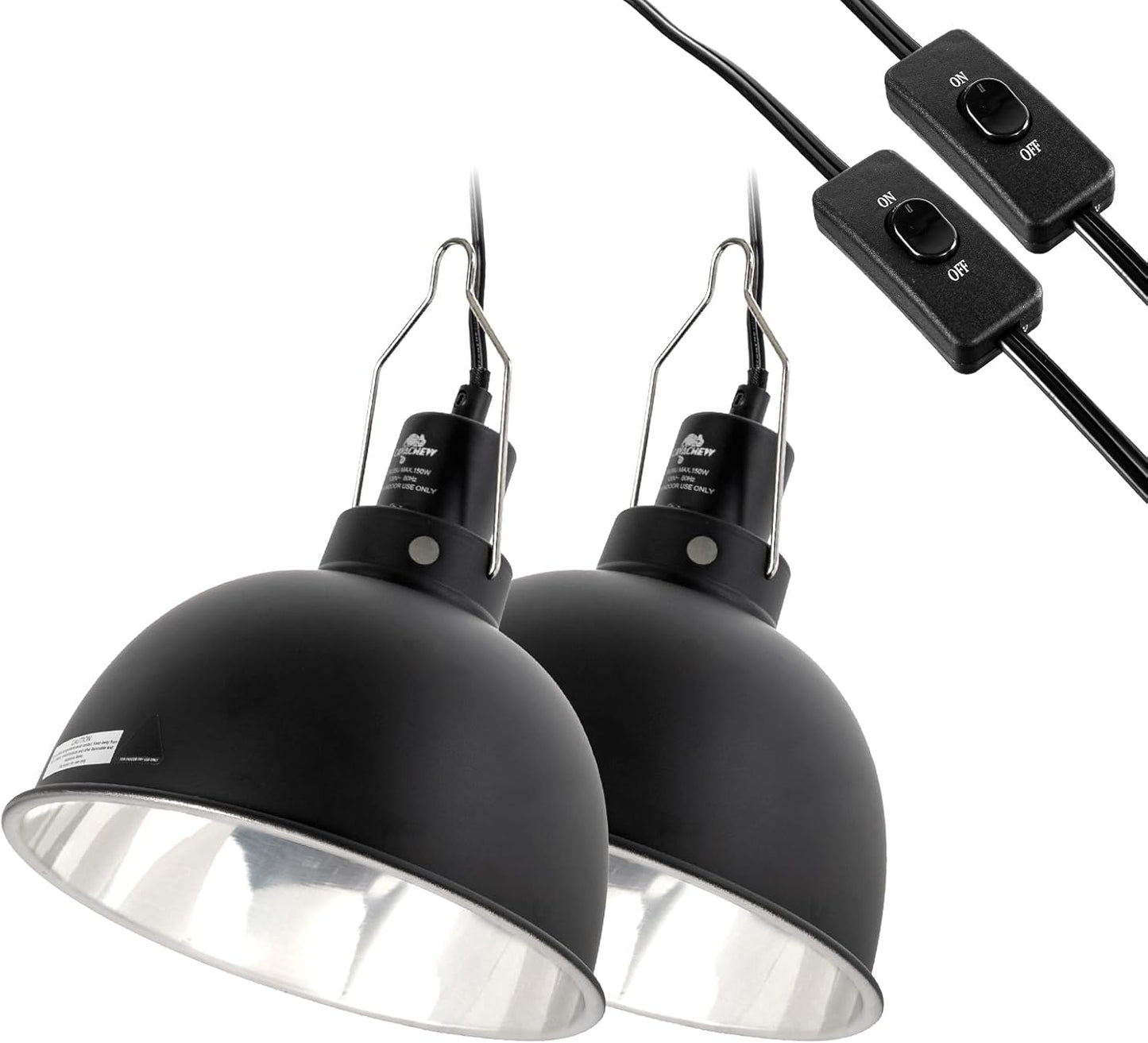 2 Pack Reptile Light Fixture, 8.5in Deep Dome Reptile Lamp Fixture, Optical Reflection Cover, Separate Switche & Hook, Terrarium Light Fixture for Reptile Heat Basking UVB Bulbs, 150W, Black - Pet Explorer