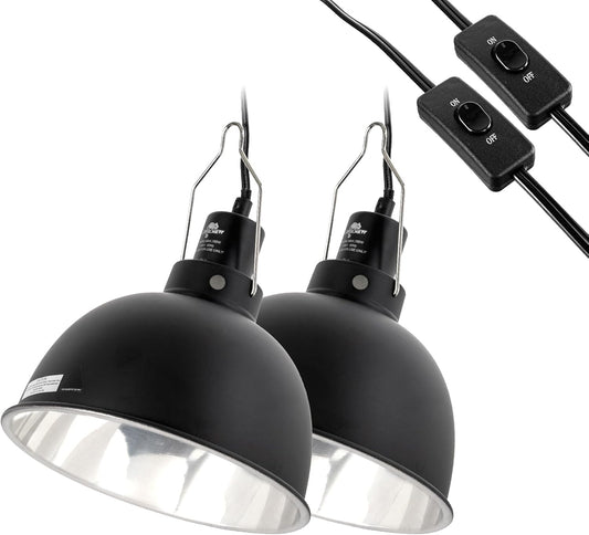 2 Pack Reptile Light Fixture, 8.5in Deep Dome Reptile Lamp Fixture, Optical Reflection Cover, Separate Switche & Hook, Terrarium Light Fixture for Reptile Heat Basking UVB Bulbs, 150W, Black - Pet Explorer
