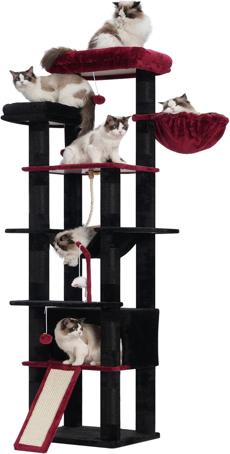Heybly Tall Cat Tree, 78-inch Multi-Level Cat Tower for Indoor Cats, 2 Widened Plush Perches Cat Condo with Scratching Board and Big Caves, Black and Red HCT033BR
