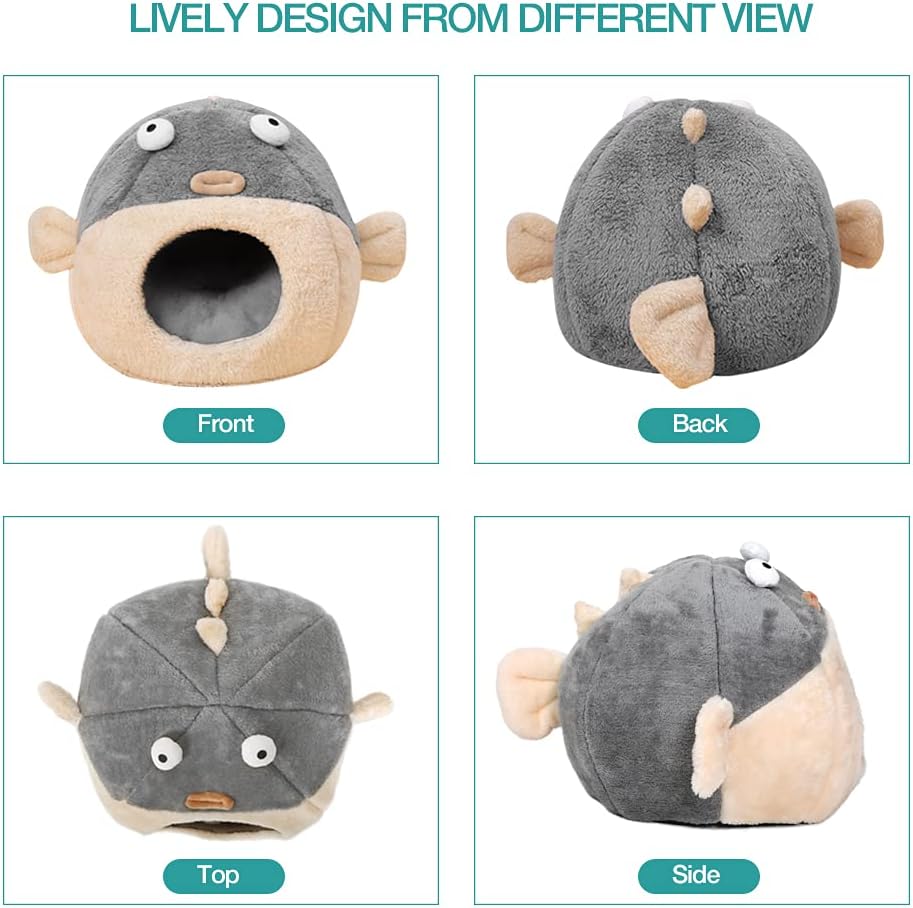 Cat Beds for Indoor Cats - Cat Bed Cave with Removable Washable Cushioned Pillow, Soft Plush Premium Cotton No Deformation Pet Bed, Lively Pufferfish Cat House Design, Grey, Multiple Sizes(L) - Pet Explorer