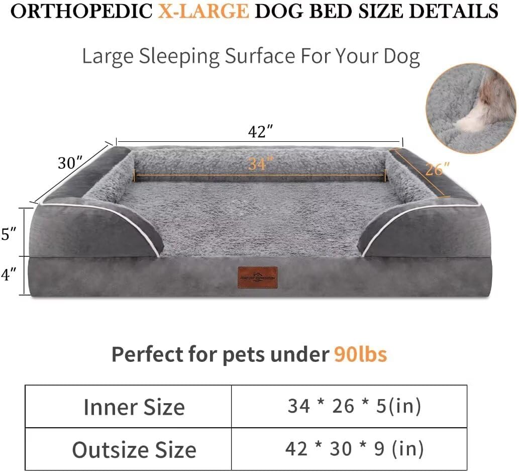 Comfort Expression Orthopedic Waterproof Dog Beds Memory Foam, XL Washable Dog Beds with Removable Cover, Large Pet Sofa Couch with Bolster(X-Large,Silver Grey) - Pet Explorer