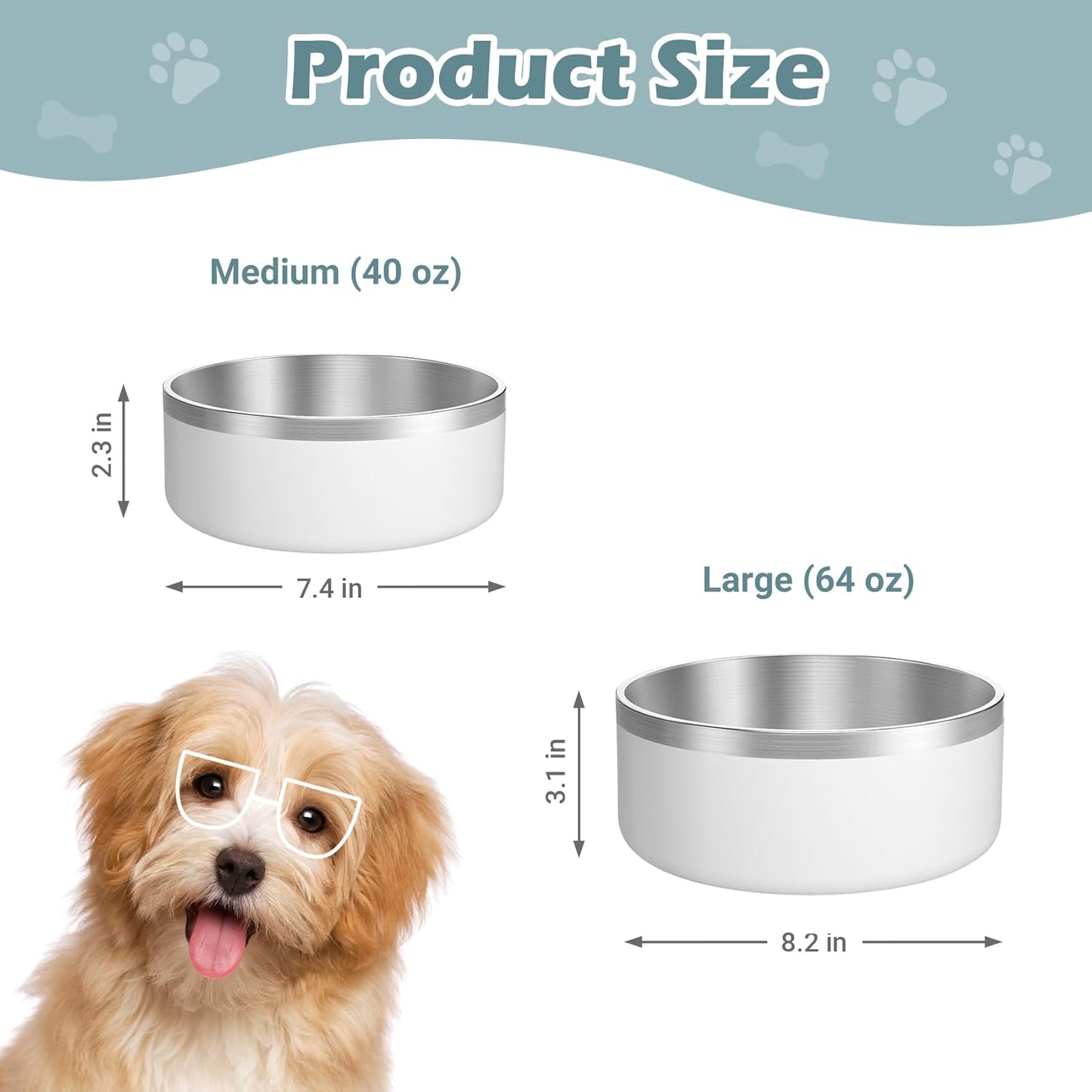 LIANLAI Dog Bowls Large Sized Dishes, Rust-Resistant Stainless Steel Dog Bowls, No Spill Pet Water Bowl, Double-Walled Puppy Bowl (White，64 oz) - Pet Explorer