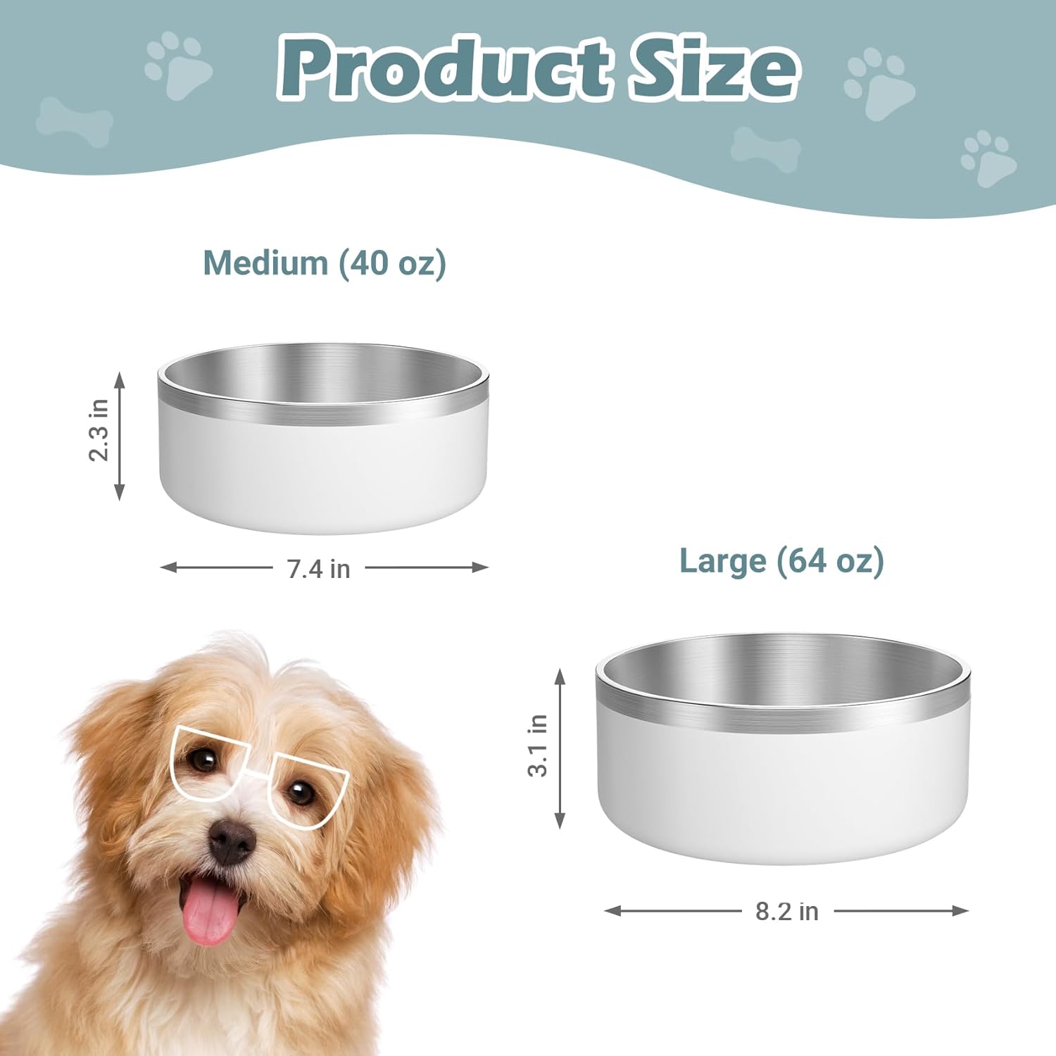 LIANLAI Dog Water Bowl, Rust-Resistant Stainless Steel Dog Bowls, Non-Slip Pet Dishes for Medium Puppys, Double-Walled Puppy Bowls (White，40 oz) - Pet Explorer
