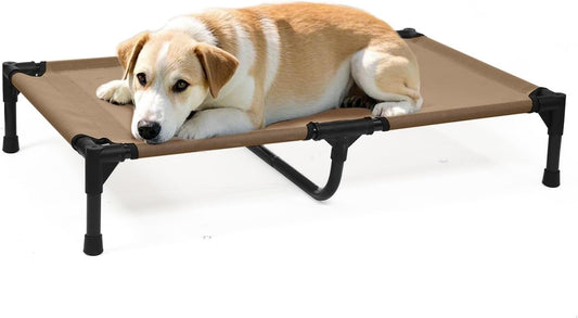 Elevated Dog Beds Medium Sized Dogs, Raised Dog Bed Outdoor, Cooling Pet Cot Bed Frame with Breathable Mesh & Non Slip Feet, Lifted Pet Hammock Bed (M, Brown) - Pet Explorer