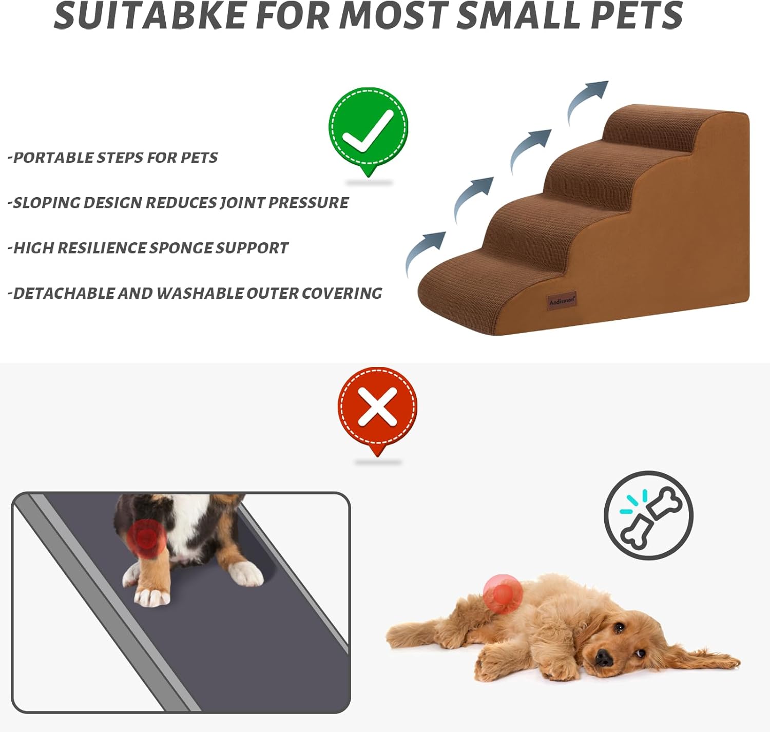 4-Step Dog Stairs and Ramp for Beds or Couches – Non-Slip Sturdy Pet Steps for Small Dogs and Cats,17.4" H,Brown - Pet Explorer